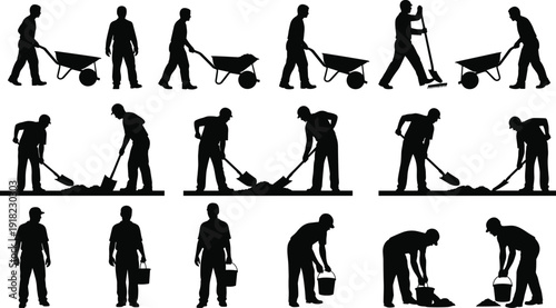 Silhouettes of construction workers performing manual labor tasks, shoveling, carrying, pouring, pushing, teamwork, physical effort, black figure, job site