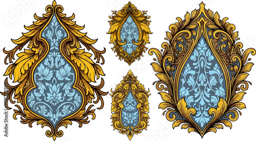 Set of four ornate rococo style decorative frames with intricate gold and blue floral patterns
