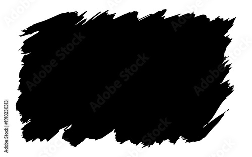 Solid black rectangular brush stroke with textured edges on pristine white background, abstract art