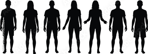 Silhouettes of diverse human figures in standing poses, male and female forms, black outlines, posture variation, white background, design reference