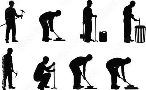 Silhouettes of construction workers performing tasks with tools, safety helmets, manual labor, industrial action, black figures, maintenance work, white background