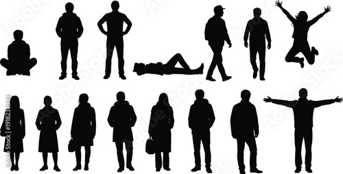 Silhouettes of diverse people in motion, sitting, standing, walking, jumping, black figure, posture, gesture, casual style, human form