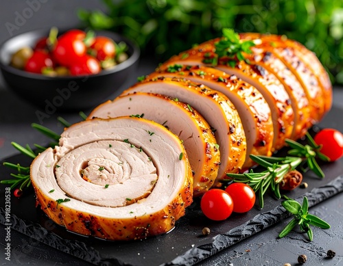 Turkey roulade sliced and arranged neatly, high detail culinary photography, restaurant quality presentation