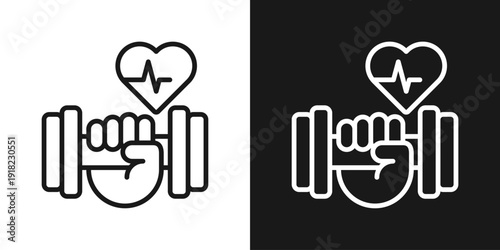 Dumbbell Power Icon In Black And White Line Style