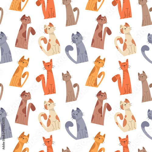 A seamless pattern with cute stylized cats in a flat style