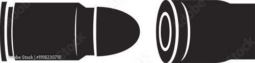 A stark minimalist graphic design featuring two stylized bullet illustrations, symbolizing conflict, danger, or security, suitable for various editorial and conceptual projects