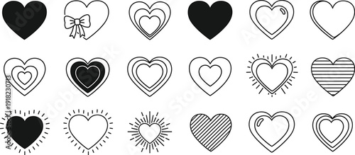 Love Heart Vector Icon Set, Romantic Valentine Symbol Collection with Outline, Filled and Decorative Styles for Wedding Cards, Stickers, and Social Media Design