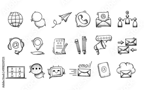A monochrome icon set featuring communication, internet, data storage, social media, and social interaction
