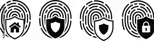 A set of four minimalist black and white icons representing biometric security, digital protection, and data privacy for home and personal identity verification