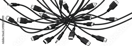 Tangled USB Cables and Electronic Connectors Vector Illustration, Multiple Charging Wires and Data Cords Isolated Technology Connection Concept