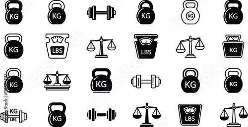 Weight Measurement Icons Vector Illustration, Kettlebell Dumbbell and Balance Scale Symbols for Fitness Gym Equipment and Digital Weighing System Design
