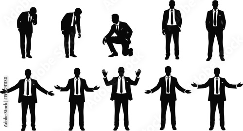 Businessman, silhouette, suit, corporate, professional, standing, posing, gesture, confident, leadership, success, manager, executive, teamwork, presentation, isolated, white, background, 