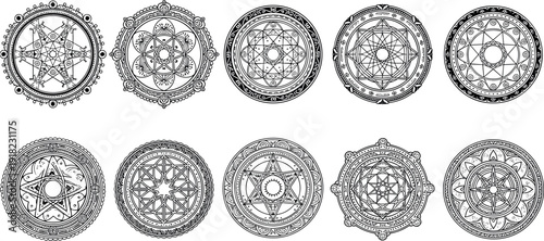 Set of Mystical Magic Circles and Sacred Geometry Alchemical Symbols for Spiritual Design