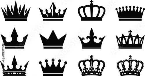 crown, icon, set, royal, king, queen, monarchy, luxury, symbol, vector, illustration, minimal, silhouette, collection, isolated, graphic, emblem, regal, design, black