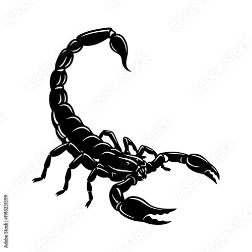 Black scorpion silhouette illustration on white background.