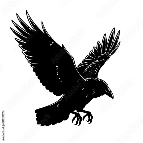 Black crow in flight with spread wings and sharp talons.