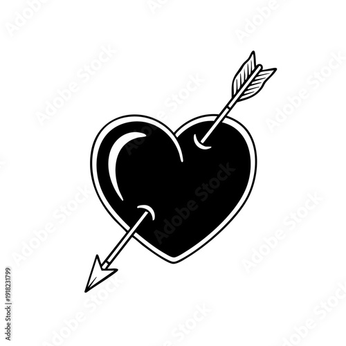 Black heart pierced by two arrows, symbolizing love and passion.
