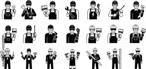 Construction, workers, tools, icons, builder, engineer, technician, repair, maintenance, industry, helmet, uniform, equipment, profession, handyman, service, workshop, illustration, 