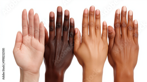 Hands with different skin tones displaying racial diversity on white background, multicultural representation visualization, ethnic variety symbolism, with copy space