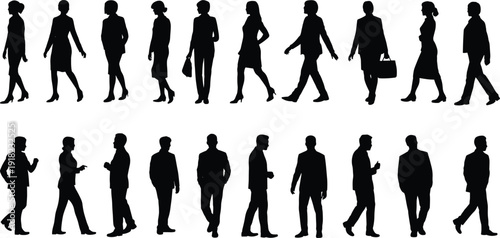 Business people silhouettes collection, walking poses, standing figures, corporate attire, briefcase holding, bag carrying, professional vector, office shadow design, workplace illustration