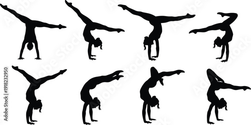 Gymnast silhouettes performing handstand poses, acrobatic balance, flexibility, strength, fitness, sport training, body control, rhythmic gymnastics, dynamic movement, athletic illustration