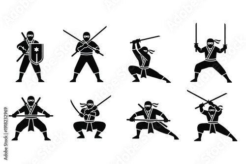 Set of black ninja silhouettes in various fighting poses
