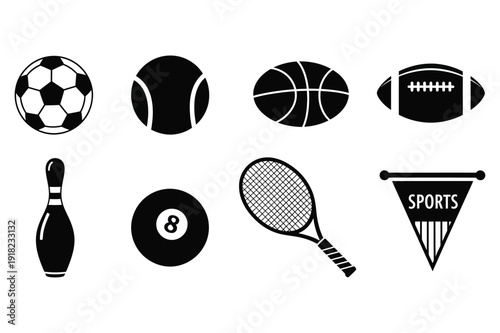 Collection of sports icons including soccer ball and tennis racket
