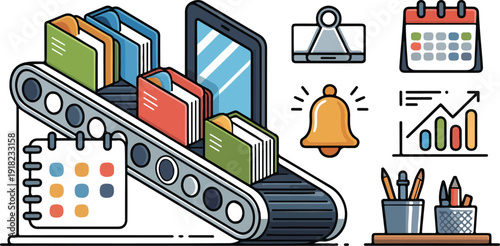 Document management system with files on conveyor and diverse office supplies in a modern flat style.