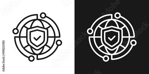 Global Security Icon In Black And White Line Style