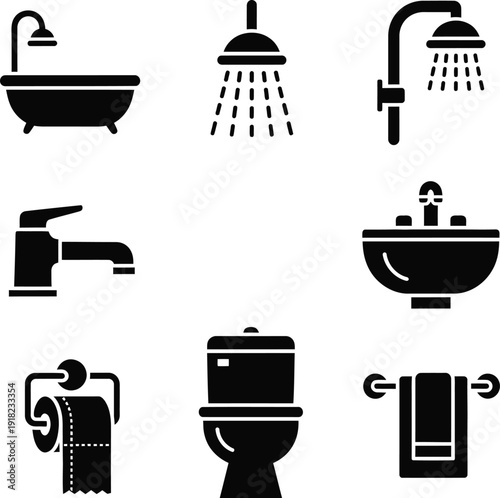 Set of bathroom interior icons including shower toilet and sink