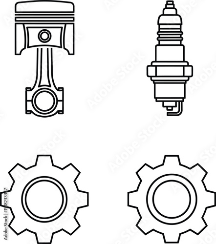 Set of car engine parts icons including piston and spark plug