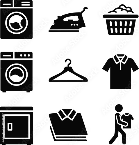 Set of laundry and cleaning icons including washing machine and iron