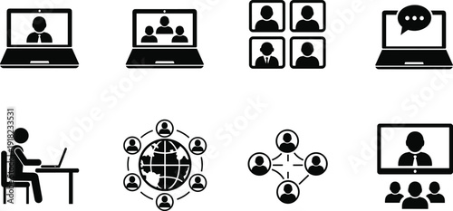 Online, communication, icons, video, conference, meeting, laptop, network, teamwork, webinar, chat, remote, business, connection, technology, digital, collaboration, internet, workspace, isolated