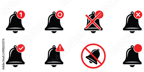 notification bell vector icon collection, including status badges, alerts, system notifications, and mute symbols, ideal for app interfaces, website design, user experience