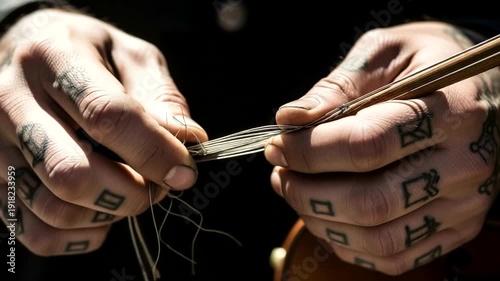 Close-up of tattooed hands preparing a violin bow.