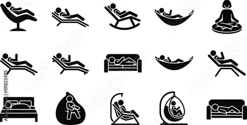 Relaxing people silhouettes collection, leisure lifestyle icons, resting poses, meditation, hammock, sofa, lounge chair, stress relief, comfort, isolated black illustration set