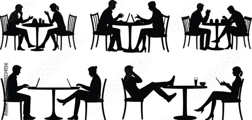 Silhouette people sitting at tables, café meeting scene, laptop users, casual conversation, drinking coffee, reading tablet, social interaction illustration
