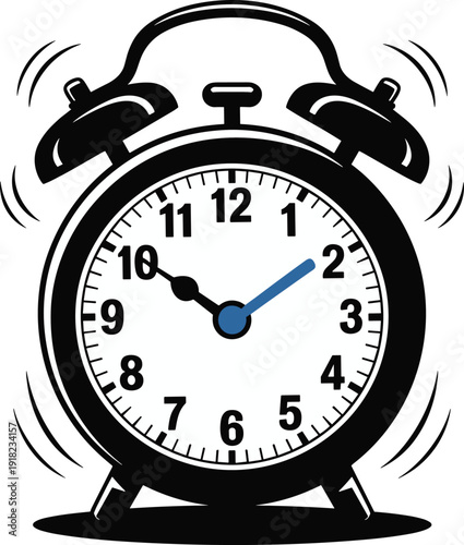 Black and white illustration of a ringing alarm clock with blue second hand time