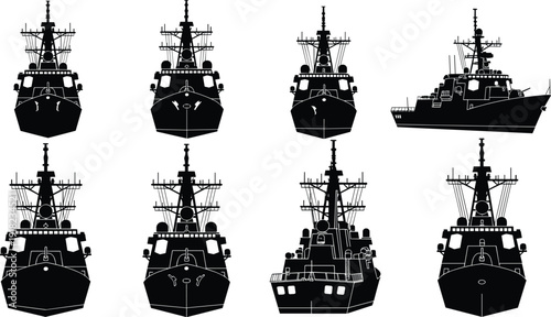 Warship, navy, ship, silhouette, military, vessel, maritime, defense, patrol, fleet, battleship, ocean, sea, transport, radar, weapon, security, marine, isolated, background