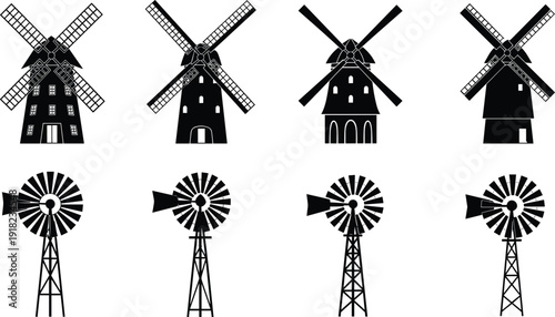 Windmill silhouettes collection, traditional rural architecture, vintage wind turbines, renewable energy concept, countryside farming, black icon set, isolated design illustration