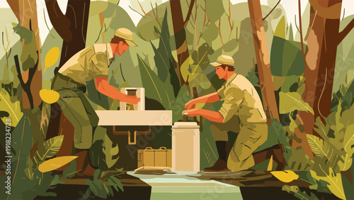 Two men in uniform collect samples in a lush jungle