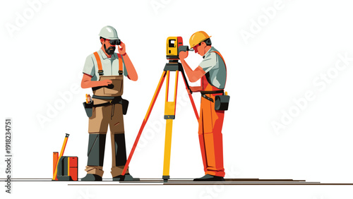 Two construction workers using surveying equipment on a job site