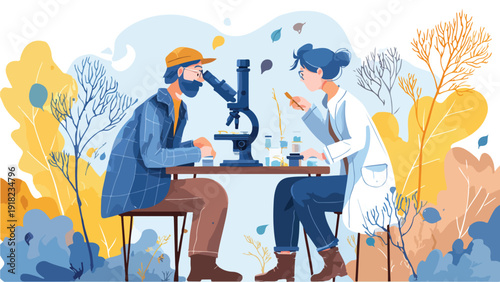 Two scientists work in a colorful lab with plants and abstract shapes