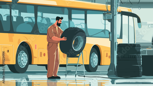 A mechanic in work clothes holds a large bus tire during maintenance indoors