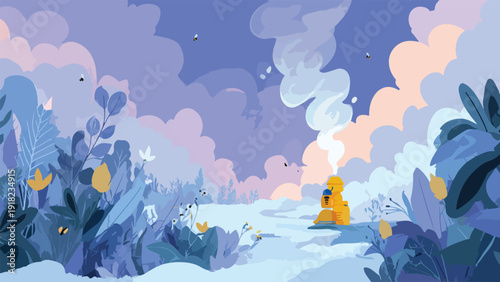 Stylized whimsical landscape with tiny bees flitting around a yellow figure holding a blue cup