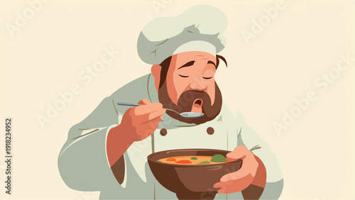 A chef in a white uniform tastes a bowl of soup with a spoon, eyes closed in enjoyment