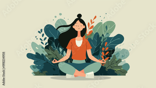 Peaceful woman meditating amidst lush green foliage, in a serene outdoor setting