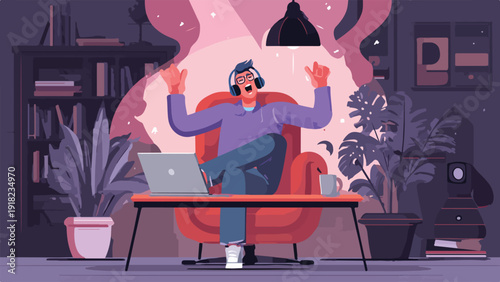 Person in headphones enjoying music while working on laptop in cozy room