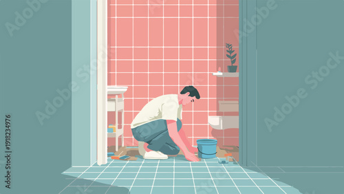 A person cleans a tiled bathroom floor with a bucket and tools