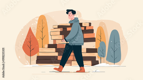 Man in warm coat walks past a pile of logs in a wintery, stylized outdoor scene